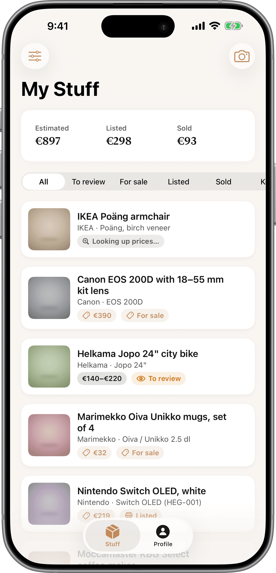 The My Stuff inventory: estimated, listed and sold totals at the top, status filters, and items such as a Canon EOS 200D for sale at 390 euros, a Helkama Jopo bike to review at 140 to 220 euros and Marimekko mugs for sale at 32 euros.